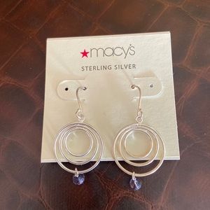 New, Macy’s Sterling Silver Fishhook Dangle Earrings with Purple Stones